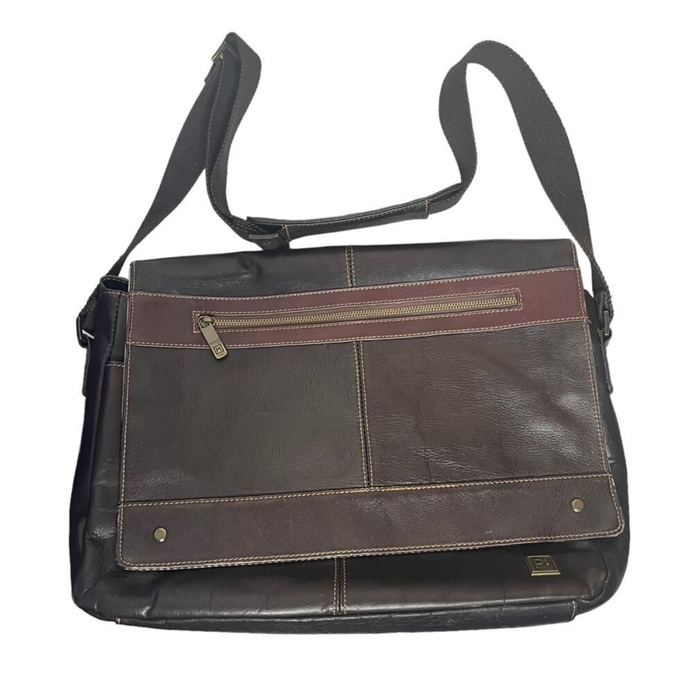 Brown leather messenger laptop crossbody bag